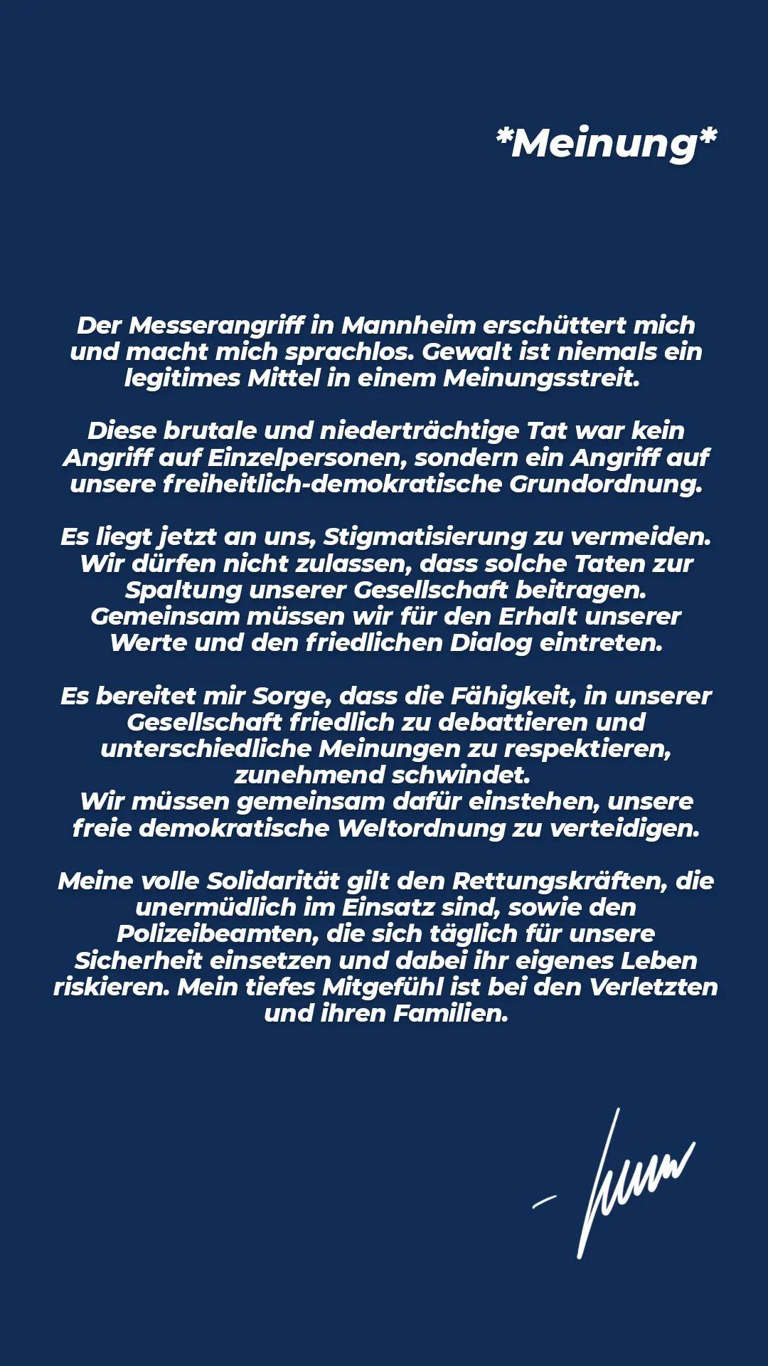 Statement des Ortsvorsitzenden Luca Faigle zum Messerangriff in Mannheim; 31. Mai 2024